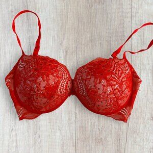 VICTORIA'S SECRET Red Lace Rhinestone Bling Plunge Padded Push Up Bra 34D